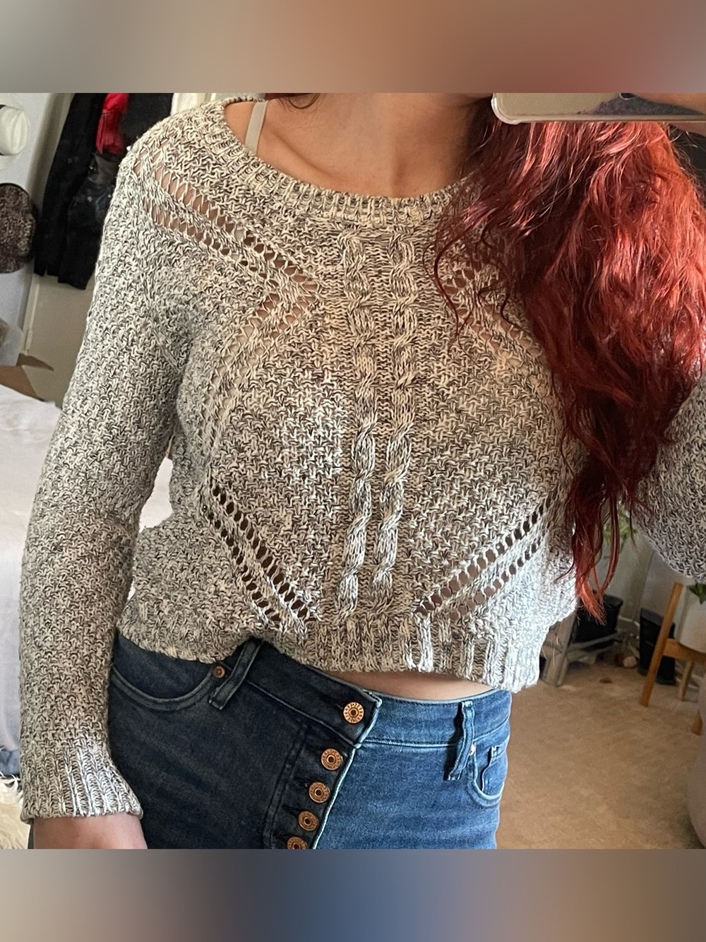 Sonoma Cream and Grey Cable-Knit Cropped Crewneck Sweater - PS